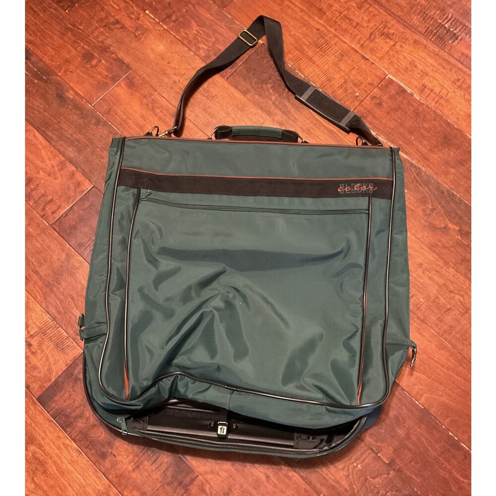 Vintage Color Blocke Green Folding Garment Bag Zipper Cross Shoulder 46" x 22"
